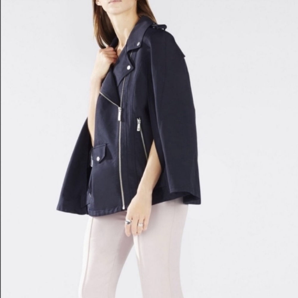 BCBGMAXAZRIA Asymmetrical Cape Sm Black Moto Poncho Jacket Structured Utility - Picture 3 of 8